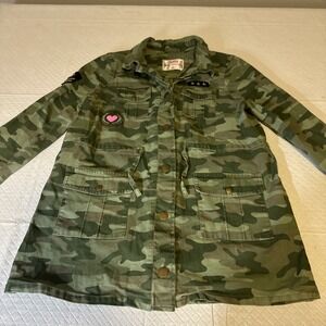 Justice Girls Camouflage Drawstring‎ Waist Patch Button Down Jacket Size 12/14